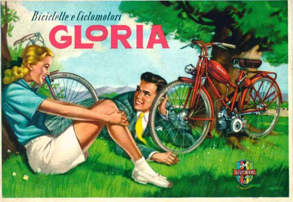 "Biciclette e ciclomotori Gloria", 1950-55, Su disegno di Franco Mosca, Ristampa di una cartolina pubblicitaria, Courtesy Comune di Modena, Museo della Figurina – Fondazione Modena Arti Visive