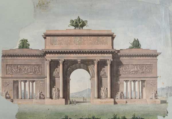 Progetto per un arco di trionfo in onore dell’imperatore Napoleone, acquerello su carta, Museo Napoleonico - Mostra Aspettando l’Imperatore