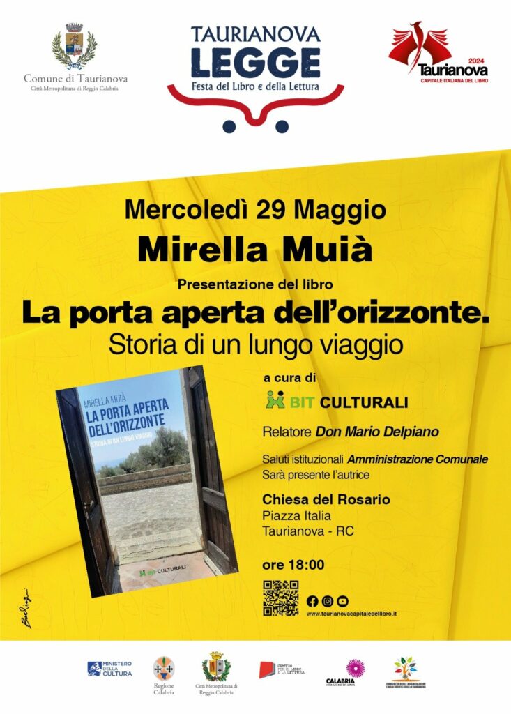 Locandina della presentazione del libro di Mirella Muià "La porta aperta dell'orizzonte"